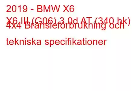 2019 - BMW X6
X6 III (G06) 3.0d AT (340 hk) 4x4 Bränsleförbrukning och tekniska specifikationer