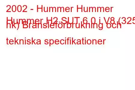 2002 - Hummer Hummer
Hummer H2 SUT 6.0 i V8 (325 hk) Bränsleförbrukning och tekniska specifikationer