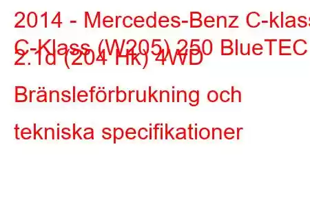 2014 - Mercedes-Benz C-klass
C-Klass (W205) 250 BlueTEC 2.1d (204 Hk) 4WD Bränsleförbrukning och tekniska specifikationer