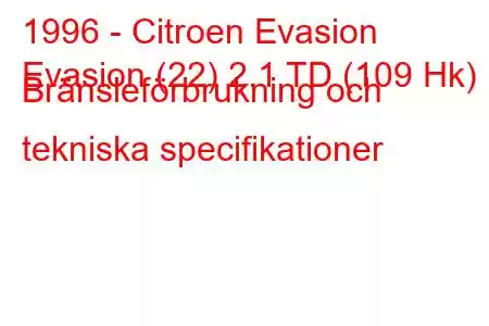 1996 - Citroen Evasion
Evasion (22) 2.1 TD (109 Hk) Bränsleförbrukning och tekniska specifikationer