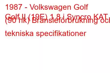 1987 - Volkswagen Golf
Golf II (19E) 1.8 i Syncro KAT (90 hk) Bränsleförbrukning och tekniska specifikationer