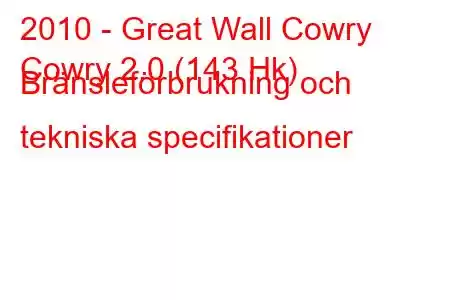 2010 - Great Wall Cowry
Cowry 2.0 (143 Hk) Bränsleförbrukning och tekniska specifikationer