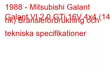 1988 - Mitsubishi Galant
Galant VI 2.0 GTi 16V 4x4 (144 hk) Bränsleförbrukning och tekniska specifikationer