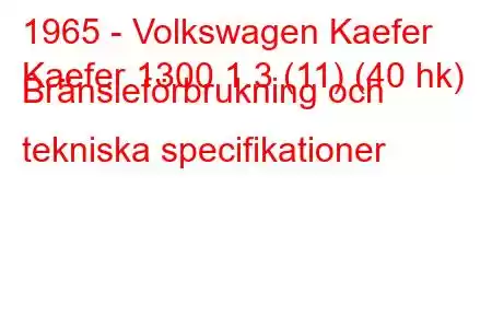 1965 - Volkswagen Kaefer
Kaefer 1300 1.3 (11) (40 hk) Bränsleförbrukning och tekniska specifikationer