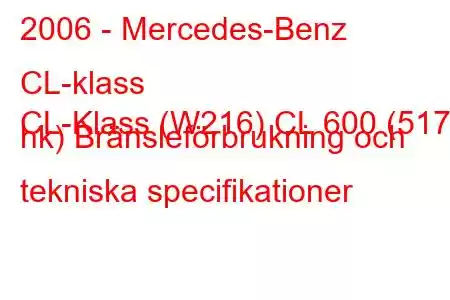 2006 - Mercedes-Benz CL-klass
CL-Klass (W216) CL 600 (517 hk) Bränsleförbrukning och tekniska specifikationer