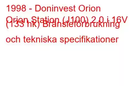 1998 - Doninvest Orion
Orion Station (J100) 2.0 i 16V (133 hk) Bränsleförbrukning och tekniska specifikationer