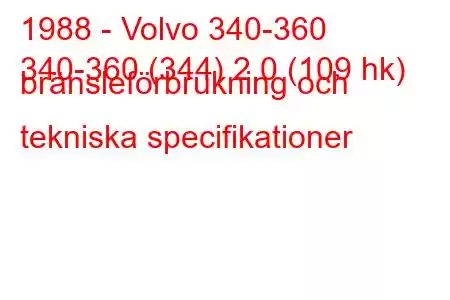 1988 - Volvo 340-360
340-360 (344) 2,0 (109 hk) bränsleförbrukning och tekniska specifikationer