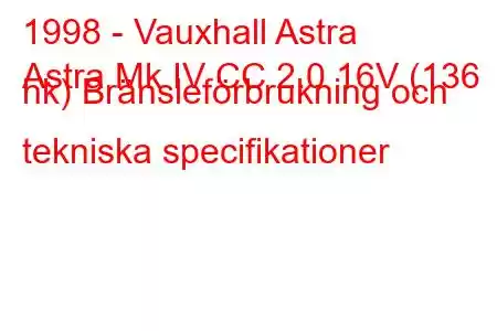 1998 - Vauxhall Astra
Astra Mk IV CC 2.0 16V (136 hk) Bränsleförbrukning och tekniska specifikationer