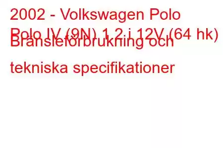 2002 - Volkswagen Polo
Polo IV (9N) 1.2 i 12V (64 hk) Bränsleförbrukning och tekniska specifikationer