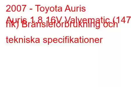 2007 - Toyota Auris
Auris 1.8 16V Valvematic (147 hk) Bränsleförbrukning och tekniska specifikationer