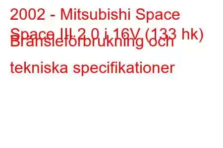 2002 - Mitsubishi Space
Space III 2.0 i 16V (133 hk) Bränsleförbrukning och tekniska specifikationer