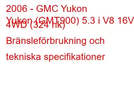 2006 - GMC Yukon
Yukon (GMT900) 5.3 i V8 16V 4WD (324 hk) Bränsleförbrukning och tekniska specifikationer