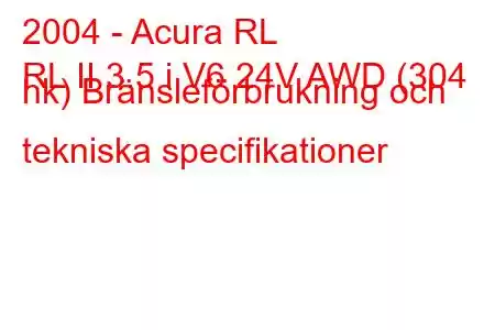 2004 - Acura RL
RL II 3.5 i V6 24V AWD (304 hk) Bränsleförbrukning och tekniska specifikationer