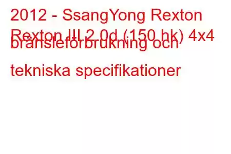 2012 - SsangYong Rexton
Rexton III 2.0d (150 hk) 4x4 bränsleförbrukning och tekniska specifikationer