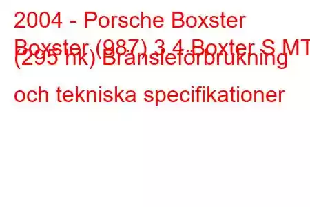 2004 - Porsche Boxster
Boxster (987) 3.4 Boxter S MT (295 hk) Bränsleförbrukning och tekniska specifikationer