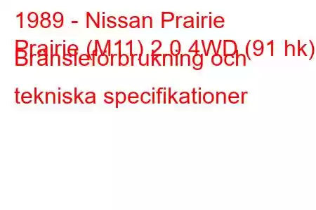 1989 - Nissan Prairie
Prairie (M11) 2.0 4WD (91 hk) Bränsleförbrukning och tekniska specifikationer