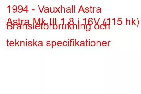 1994 - Vauxhall Astra
Astra Mk III 1.8 i 16V (115 hk) Bränsleförbrukning och tekniska specifikationer