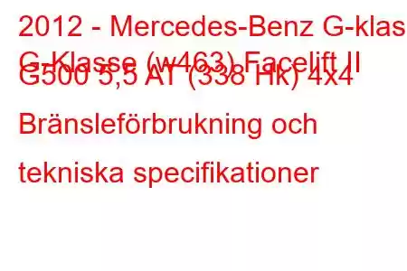 2012 - Mercedes-Benz G-klass
G-Klasse (w463) Facelift II G500 5,5 AT (338 Hk) 4x4 Bränsleförbrukning och tekniska specifikationer