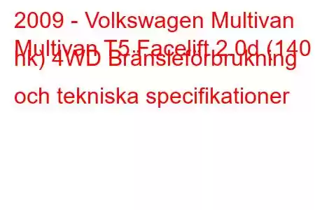 2009 - Volkswagen Multivan
Multivan T5 Facelift 2.0d (140 hk) 4WD Bränsleförbrukning och tekniska specifikationer