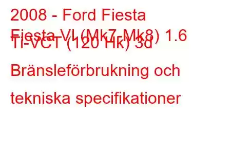 2008 - Ford Fiesta
Fiesta VI (Mk7-Mk8) 1.6 Ti-VCT (120 Hk) 3d Bränsleförbrukning och tekniska specifikationer