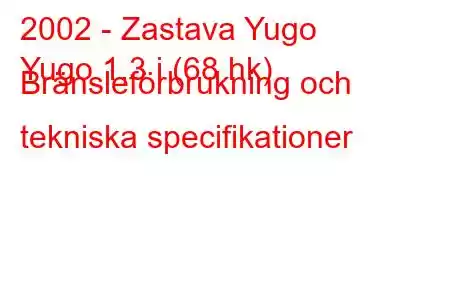 2002 - Zastava Yugo
Yugo 1,3 i (68 hk) Bränsleförbrukning och tekniska specifikationer