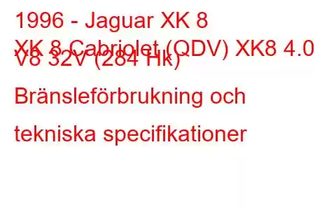 1996 - Jaguar XK 8
XK 8 Cabriolet (QDV) XK8 4.0 i V8 32V (284 Hk) Bränsleförbrukning och tekniska specifikationer