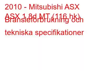 2010 - Mitsubishi ASX
ASX 1.8d MT (116 hk) Bränsleförbrukning och tekniska specifikationer