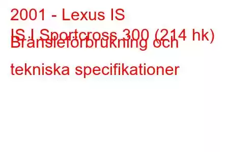 2001 - Lexus IS
IS I Sportcross 300 (214 hk) Bränsleförbrukning och tekniska specifikationer