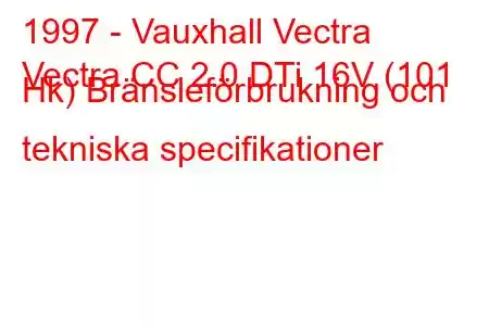 1997 - Vauxhall Vectra
Vectra CC 2.0 DTi 16V (101 Hk) Bränsleförbrukning och tekniska specifikationer