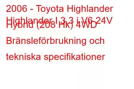 2006 - Toyota Highlander
Highlander I 3.3 i V6 24V Hybrid (208 Hk) 4WD Bränsleförbrukning och tekniska specifikationer