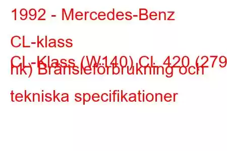 1992 - Mercedes-Benz CL-klass
CL-Klass (W140) CL 420 (279 hk) Bränsleförbrukning och tekniska specifikationer