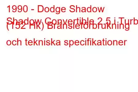 1990 - Dodge Shadow
Shadow Convertible 2.5 i Turbo (152 Hk) Bränsleförbrukning och tekniska specifikationer