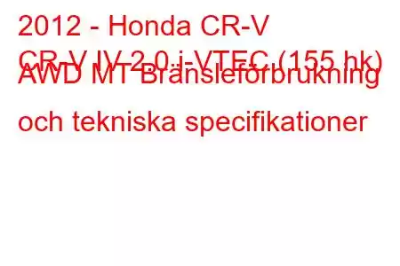 2012 - Honda CR-V
CR-V IV 2.0 i-VTEC (155 hk) AWD MT Bränsleförbrukning och tekniska specifikationer