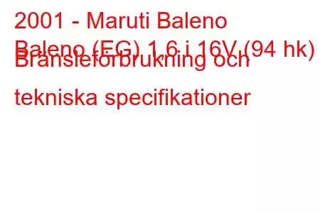 2001 - Maruti Baleno
Baleno (EG) 1,6 i 16V (94 hk) Bränsleförbrukning och tekniska specifikationer