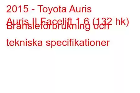 2015 - Toyota Auris
Auris II Facelift 1.6 (132 hk) Bränsleförbrukning och tekniska specifikationer