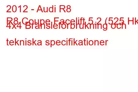 2012 - Audi R8
R8 Coupe Facelift 5.2 (525 Hk) 4x4 Bränsleförbrukning och tekniska specifikationer