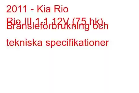 2011 - Kia Rio
Rio III 1.1 12V (75 hk) Bränsleförbrukning och tekniska specifikationer