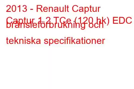 2013 - Renault Captur
Captur 1.2 TCe (120 hk) EDC bränsleförbrukning och tekniska specifikationer