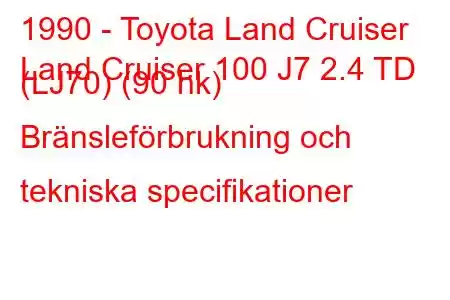 1990 - Toyota Land Cruiser
Land Cruiser 100 J7 2.4 TD (LJ70) (90 hk) Bränsleförbrukning och tekniska specifikationer