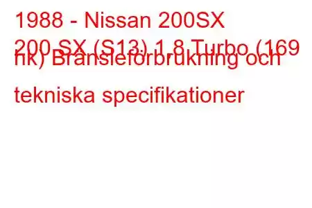 1988 - Nissan 200SX
200 SX (S13) 1,8 Turbo (169 hk) Bränsleförbrukning och tekniska specifikationer