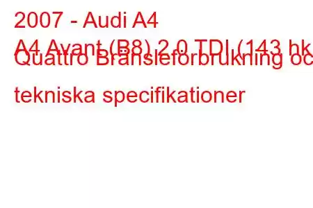 2007 - Audi A4
A4 Avant (B8) 2.0 TDI (143 hk) Quattro Bränsleförbrukning och tekniska specifikationer