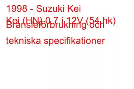 1998 - Suzuki Kei
Kei (HN) 0,7 i 12V (54 hk) Bränsleförbrukning och tekniska specifikationer