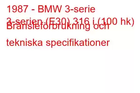 1987 - BMW 3-serie
3-serien (E30) 316 i (100 hk) Bränsleförbrukning och tekniska specifikationer