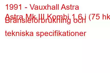 1991 - Vauxhall Astra
Astra Mk III Kombi 1,6 i (75 hk) Bränsleförbrukning och tekniska specifikationer