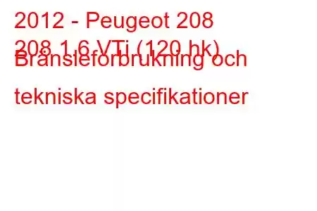 2012 - Peugeot 208
208 1.6 VTi (120 hk) Bränsleförbrukning och tekniska specifikationer