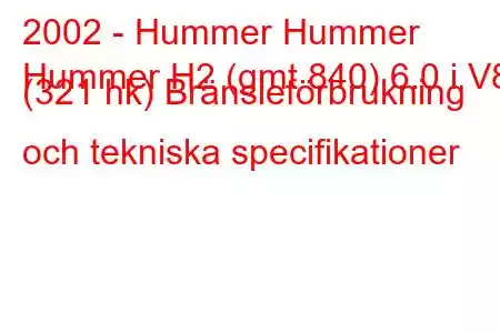 2002 - Hummer Hummer
Hummer H2 (gmt 840) 6.0 i V8 (321 hk) Bränsleförbrukning och tekniska specifikationer