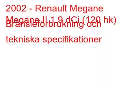 2002 - Renault Megane
Megane II 1.9 dCi (120 hk) Bränsleförbrukning och tekniska specifikationer