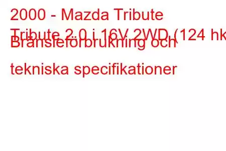 2000 - Mazda Tribute
Tribute 2.0 i 16V 2WD (124 hk) Bränsleförbrukning och tekniska specifikationer