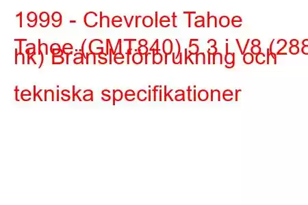 1999 - Chevrolet Tahoe
Tahoe (GMT840) 5.3 i V8 (288 hk) Bränsleförbrukning och tekniska specifikationer