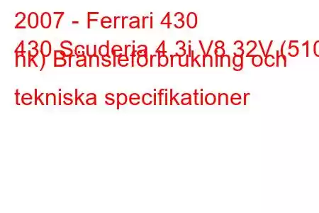 2007 - Ferrari 430
430 Scuderia 4.3i V8 32V (510 hk) Bränsleförbrukning och tekniska specifikationer